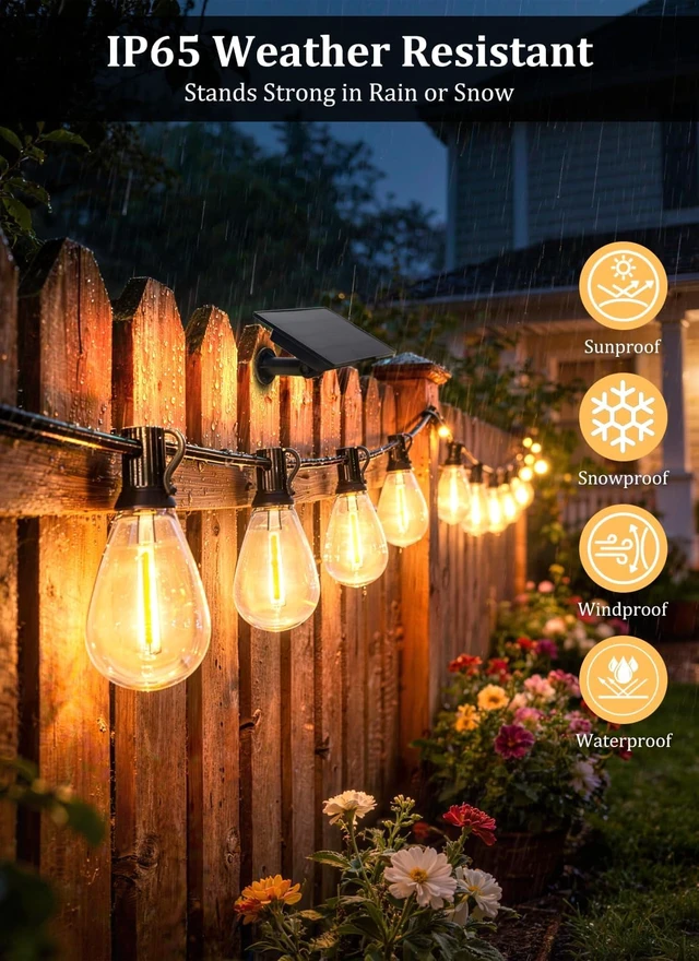 Alt view image 5 of 7 - 100FT Waterproof Solar String Lights, 35 LED S11 E12 Bulbs, Remote, Dimmable Timer & 3 Modes for Backyard, Deck & Garden