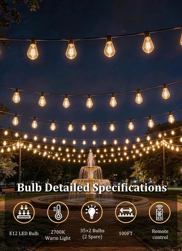 Alt view image 6 of 7 - 100FT Waterproof Solar String Lights, 35 LED S11 E12 Bulbs, Remote, Dimmable Timer & 3 Modes for Backyard, Deck & Garden