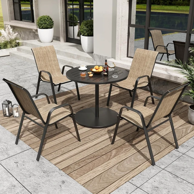 Alt view image 2 of 7 - All-Weather Outdoor Stackable Dining Chairs, 350 lbs Capacity Textilene Rustproof Metal Frame for Backyard, Garden & Poolside, Set of 4 (Brown)