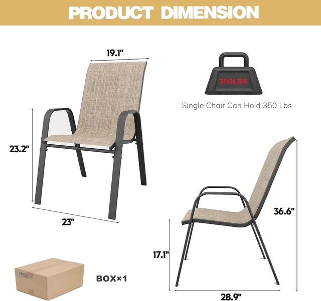 Alt view image 3 of 7 - All-Weather Outdoor Stackable Dining Chairs, 350 lbs Capacity Textilene Rustproof Metal Frame for Backyard, Garden & Poolside, Set of 4 (Brown)