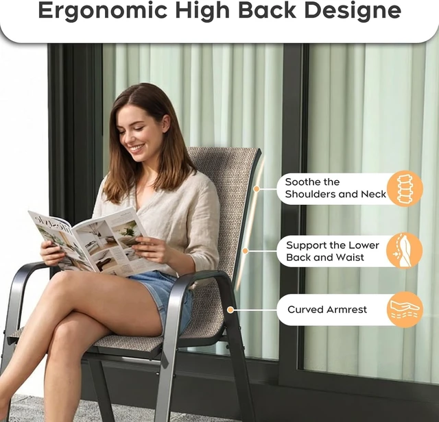Alt view image 4 of 7 - All-Weather Outdoor Stackable Dining Chairs, 350 lbs Capacity Textilene Rustproof Metal Frame for Backyard, Garden & Poolside, Set of 4 (Brown)