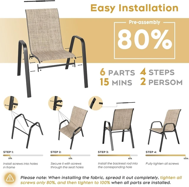 Alt view image 5 of 7 - All-Weather Outdoor Stackable Dining Chairs, 350 lbs Capacity Textilene Rustproof Metal Frame for Backyard, Garden & Poolside, Set of 4 (Brown)