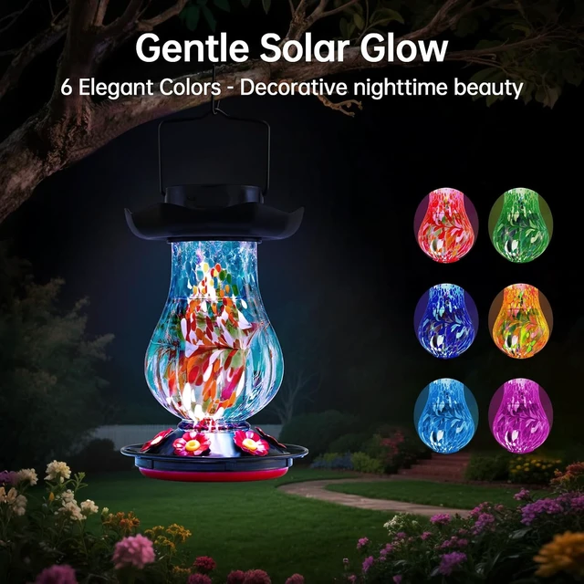 Alt view image 2 of 7 - 25 fl.oz Hand Blown Glass Solar Hummingbird Feeder with Moat, 6 Color-Changing Light Hanging Décor for Garden (Blue)