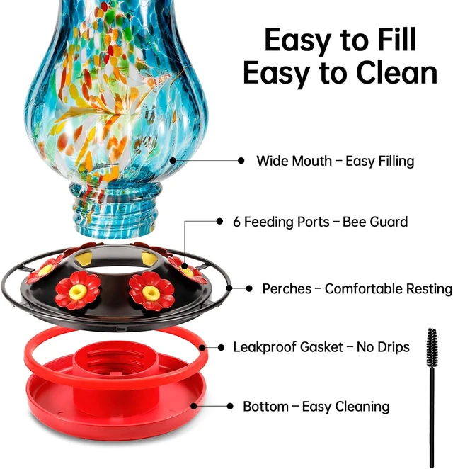 Alt view image 3 of 7 - 25 fl.oz Hand Blown Glass Solar Hummingbird Feeder with Moat, 6 Color-Changing Light Hanging Décor for Garden (Blue)