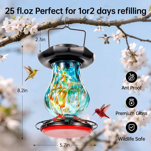 Alt view image 5 of 7 - 25 fl.oz Hand Blown Glass Solar Hummingbird Feeder with Moat, 6 Color-Changing Light Hanging Décor for Garden (Blue)