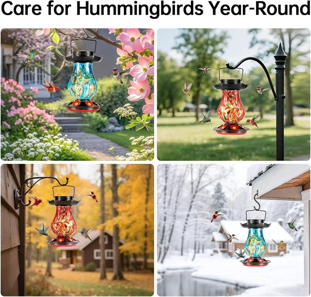 Alt view image 6 of 7 - 25 fl.oz Hand Blown Glass Solar Hummingbird Feeder with Moat, 6 Color-Changing Light Hanging Décor for Garden (Blue)