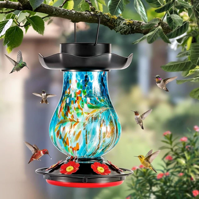 Alt view image 7 of 7 - 25 fl.oz Hand Blown Glass Solar Hummingbird Feeder with Moat, 6 Color-Changing Light Hanging Décor for Garden (Blue)