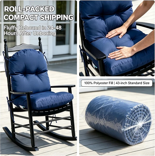 Alt view image 7 of 7 - Navy Tufted Waterproof Chair Cushion, 43 x 20 x 4 Inch Non-Slip Replacement Pad for Wicker Lounge Furniture