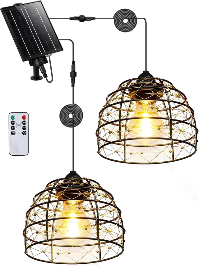 Main image of Solar Pendant Light with 4/6/8H Timer & Remote, Indoor Outdoor, Set of 2