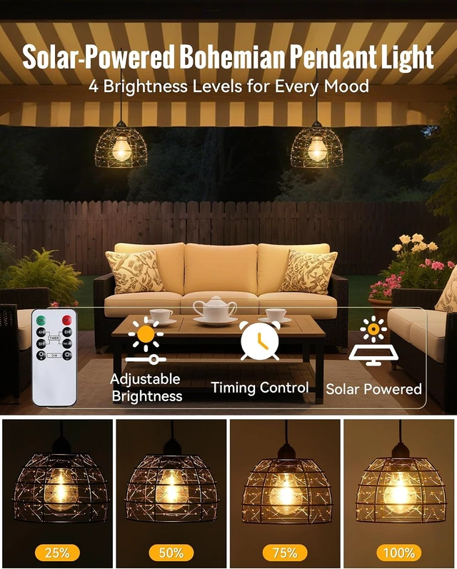 Alt view image 2 of 7 - Solar Pendant Light with 4/6/8H Timer & Remote, Indoor Outdoor, Set of 2