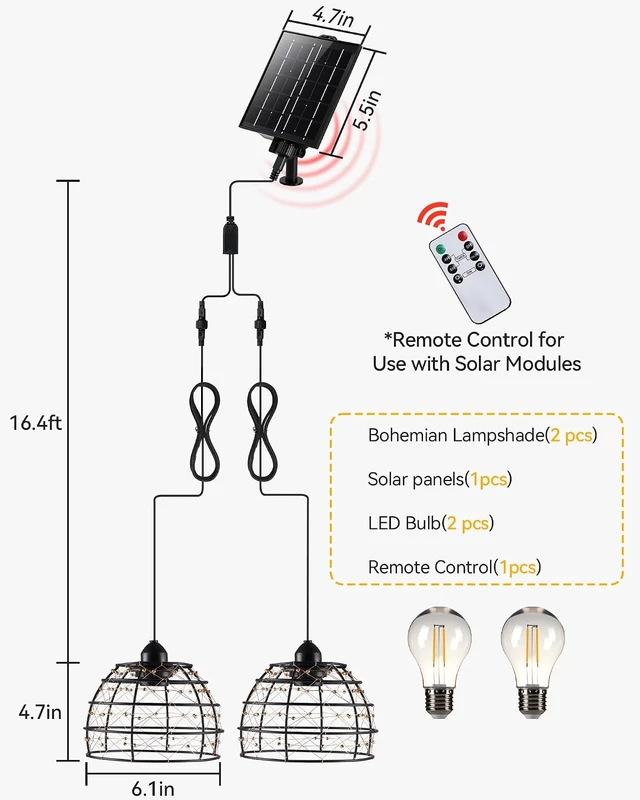 Alt view image 4 of 7 - Solar Pendant Light with 4/6/8H Timer & Remote, Indoor Outdoor, Set of 2