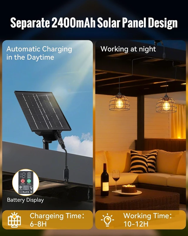 Alt view image 6 of 7 - Solar Pendant Light with 4/6/8H Timer & Remote, Indoor Outdoor, Set of 2