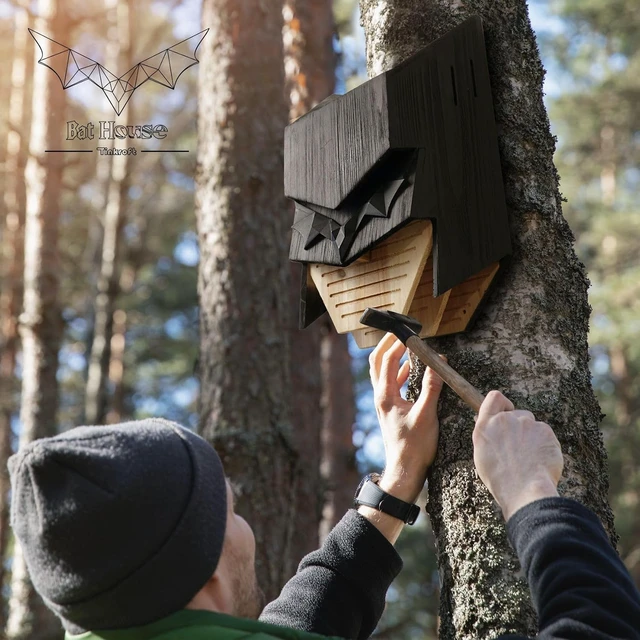 Alt view image 5 of 6 - Caped Hero Wooden Bat House for Outdoors, Large Three-Chamber Weather-Resistant Box to Attract Bats (Black, 3 Chamber)