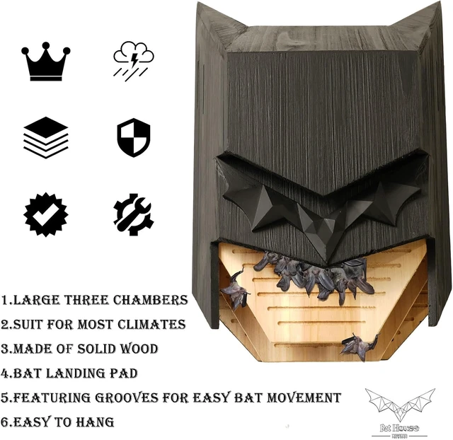 Alt view image 6 of 6 - Caped Hero Wooden Bat House for Outdoors, Large Three-Chamber Weather-Resistant Box to Attract Bats (Black, 3 Chamber)