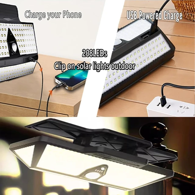 Alt view image 6 of 7 - Clip-On Solar Motion Sensor Lights, 3 Color, IP65 Waterproof with USB & 208 LED for Fence, Deck, Wall, Garage & Patio (3Color+208LED+6000mAh, 1 Pack)