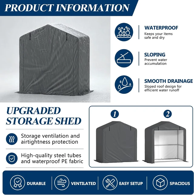 Alt view image 4 of 7 - 5' x 3' Portable Outdoor Storage Shelter Shed, Grey