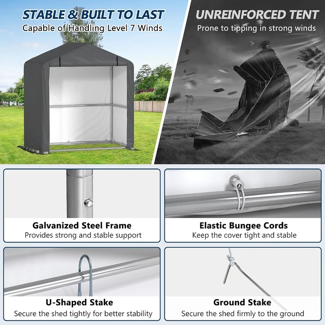 Alt view image 7 of 7 - 5' x 3' Portable Outdoor Storage Shelter Shed, Grey