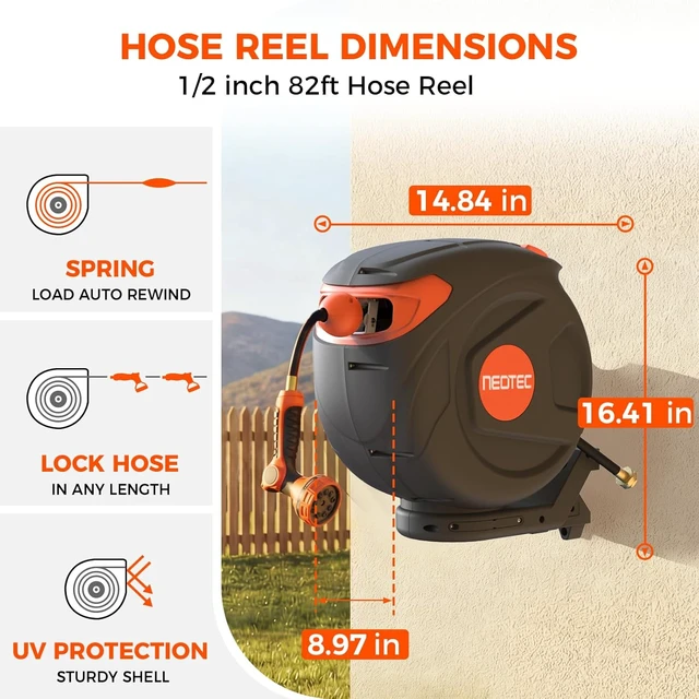 Alt view image 2 of 7 - Retractable Wall-Mounted Garden Hose Reel, 82ft 1/2 in, Automatic Rewind, Any-Length Lock & Spray Nozzle