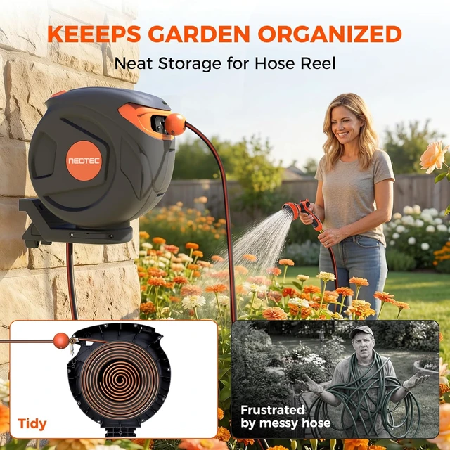 Alt view image 4 of 7 - Retractable Wall-Mounted Garden Hose Reel, 82ft 1/2 in, Automatic Rewind, Any-Length Lock & Spray Nozzle
