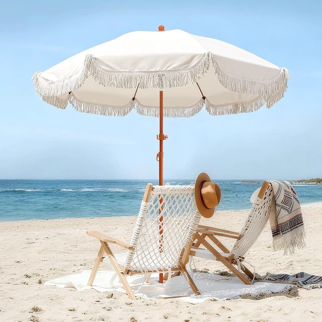 Alt view image 3 of 7 - 7ft Cream/White Boho Fringe Beach Umbrella with 8mm Ribs & Sand Anchor