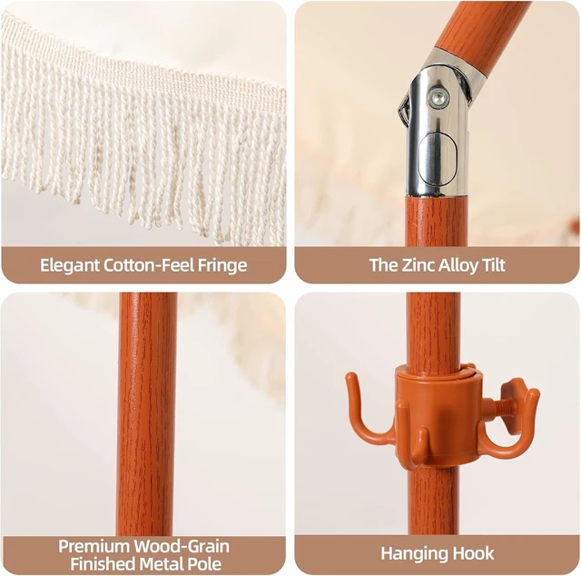 Alt view image 6 of 7 - 7ft Cream/White Boho Fringe Beach Umbrella with 8mm Ribs & Sand Anchor