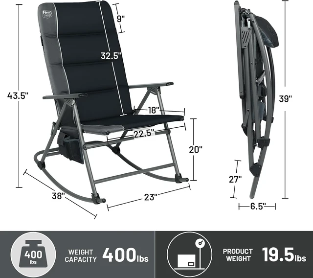 Alt view image 2 of 7 - Oversized Folding Rocking Camping Chair, Padded High-Back Outdoor Rocker for Patio, Garden & Lawn, Supports up to 400 lbs, Black