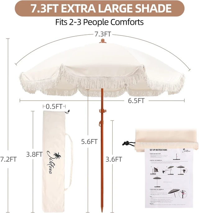 Alt view image 7 of 7 - 7ft Cream/White Boho Fringe Beach Umbrella with 8mm Ribs & Sand Anchor