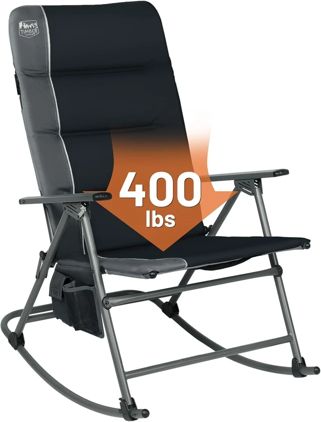 Alt view image 3 of 7 - Oversized Folding Rocking Camping Chair, Padded High-Back Outdoor Rocker for Patio, Garden & Lawn, Supports up to 400 lbs, Black
