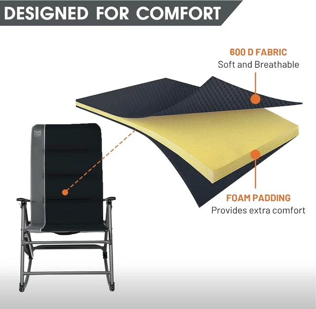 Alt view image 4 of 7 - Oversized Folding Rocking Camping Chair, Padded High-Back Outdoor Rocker for Patio, Garden & Lawn, Supports up to 400 lbs, Black