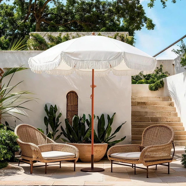 Alt view image 2 of 7 - 7ft Cream/White Boho Fringe Beach Umbrella with 8mm Ribs & Sand Anchor