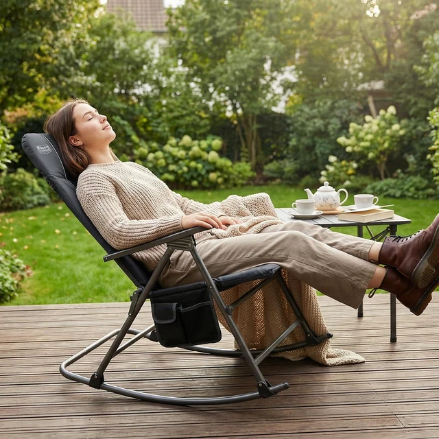 Alt view image 6 of 7 - Oversized Folding Rocking Camping Chair, Padded High-Back Outdoor Rocker for Patio, Garden & Lawn, Supports up to 400 lbs, Black