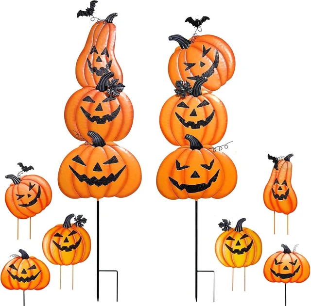 Main image of Stacked Metal Pumpkin Jack-o-Lantern Garden Stakes, Halloween/Thanksgiving Outdoor Yard Décor for Lawn & Pathway, 2 Pack
