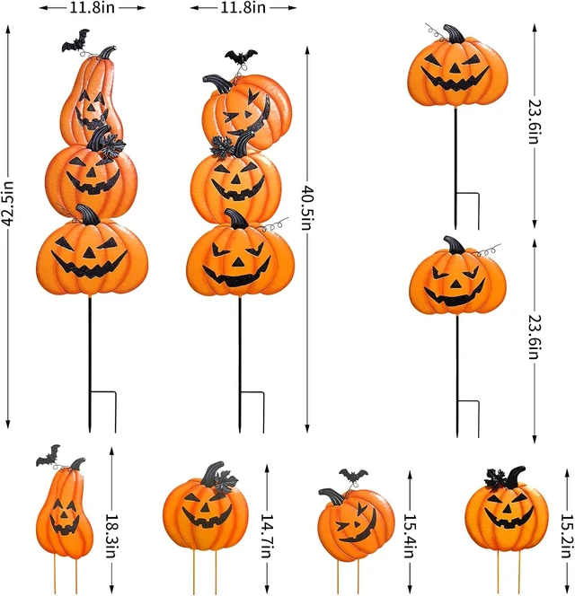 Alt view image 3 of 7 - Stacked Metal Pumpkin Jack-o-Lantern Garden Stakes, Halloween/Thanksgiving Outdoor Yard Décor for Lawn & Pathway, 2 Pack