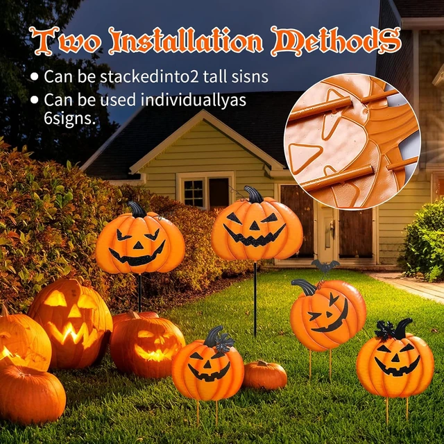 Alt view image 4 of 7 - Stacked Metal Pumpkin Jack-o-Lantern Garden Stakes, Halloween/Thanksgiving Outdoor Yard Décor for Lawn & Pathway, 2 Pack