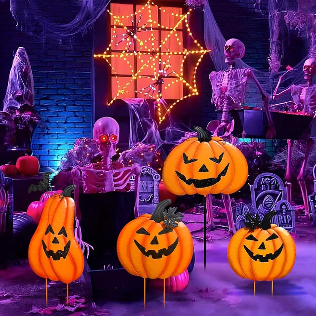 Alt view image 6 of 7 - Stacked Metal Pumpkin Jack-o-Lantern Garden Stakes, Halloween/Thanksgiving Outdoor Yard Décor for Lawn & Pathway, 2 Pack