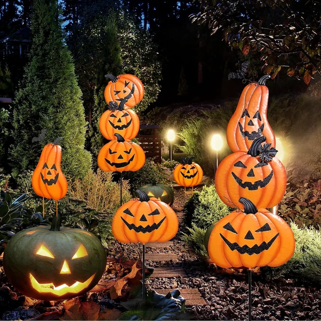 Alt view image 7 of 7 - Stacked Metal Pumpkin Jack-o-Lantern Garden Stakes, Halloween/Thanksgiving Outdoor Yard Décor for Lawn & Pathway, 2 Pack