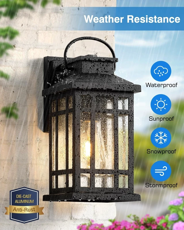Alt view image 3 of 7 - 2-Pack Dawn-to-Dusk Porch Lights, Aluminum Outdoor Sconce with Seeded Glass for Garden, Exterior Wall & Garage