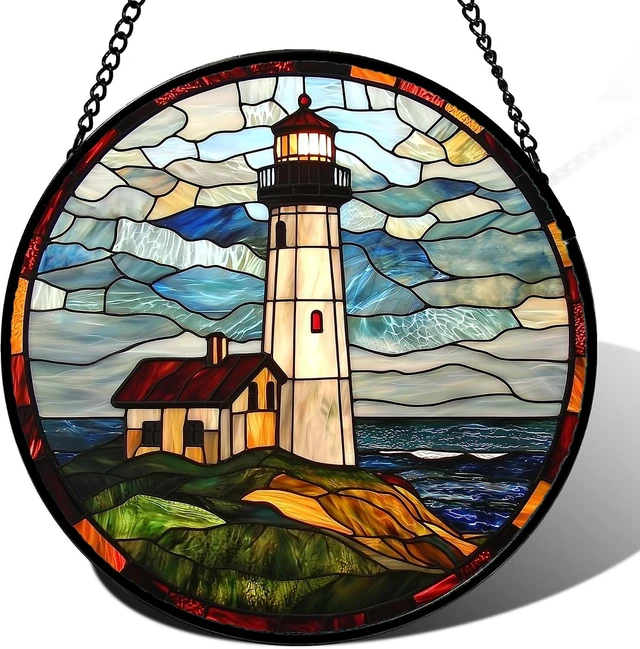 Main image of Ocean Lighthouse Stained Glass Window Hanging Suncatcher, 15" Gift Décor
