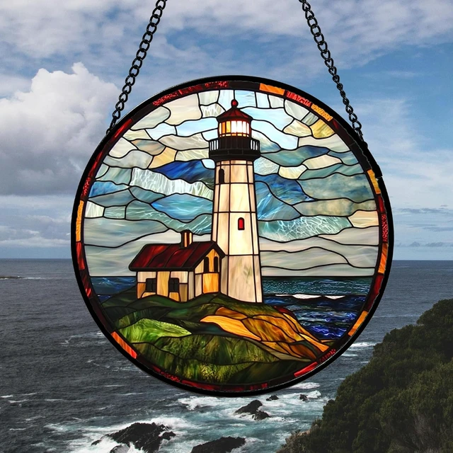 Alt view image 4 of 7 - Ocean Lighthouse Stained Glass Window Hanging Suncatcher, 15" Gift Décor
