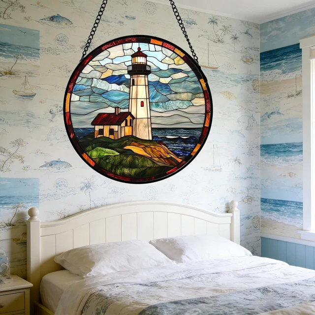 Alt view image 5 of 7 - Ocean Lighthouse Stained Glass Window Hanging Suncatcher, 15" Gift Décor