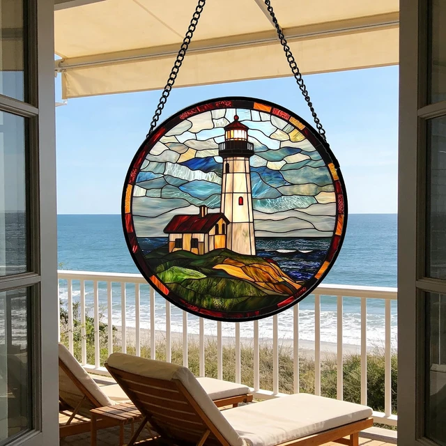 Alt view image 6 of 7 - Ocean Lighthouse Stained Glass Window Hanging Suncatcher, 15" Gift Décor