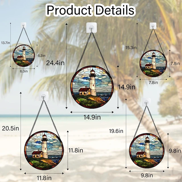Alt view image 7 of 7 - Ocean Lighthouse Stained Glass Window Hanging Suncatcher, 15" Gift Décor
