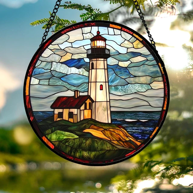 Alt view image 3 of 7 - Ocean Lighthouse Stained Glass Window Hanging Suncatcher, 15" Gift Décor