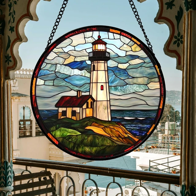 Alt view image 2 of 7 - Ocean Lighthouse Stained Glass Window Hanging Suncatcher, 15" Gift Décor