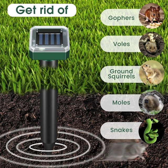Alt view image 4 of 7 - Solar-Powered Ultrasonic Mole Repellent Spikes, Waterproof Deterrent for Skunk, Gopher, Groundhog, Snake, Vole & Chipmunk, 8-Pack