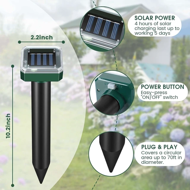 Alt view image 6 of 7 - Solar-Powered Ultrasonic Mole Repellent Spikes, Waterproof Deterrent for Skunk, Gopher, Groundhog, Snake, Vole & Chipmunk, 8-Pack
