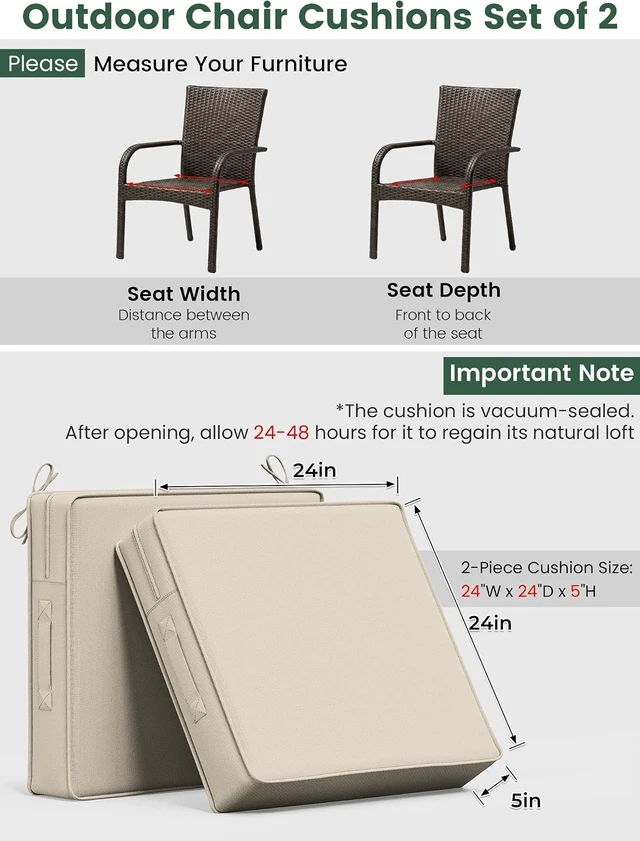 Alt view image 2 of 7 - Outdoor Chair Cushions with Handles & Ties, 24 x 24 x 5 Inch, Set of 2