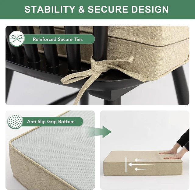 Alt view image 4 of 7 - Faux Linen Water-Resistant Outdoor Chair Cushions, 24 x 24 Inch Backrest & Deep Seat Set with Ties & Non-Slip Bottom, Set of 4, Nature