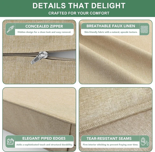 Alt view image 5 of 7 - Faux Linen Water-Resistant Outdoor Chair Cushions, 24 x 24 Inch Backrest & Deep Seat Set with Ties & Non-Slip Bottom, Set of 4, Nature
