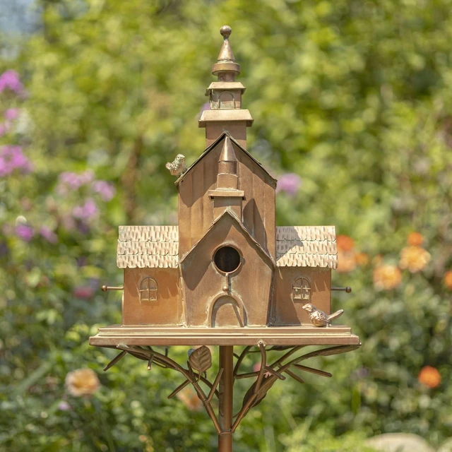 Alt view image 2 of 7 - Large Copper Multi-Birdhouse Garden Stakes, Room for 5 Bird Families (XL Country Town Home Montana)